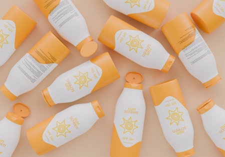 Various sunscreen bottles featuring SPF 50 protection, neatly arranged on a soft peach-colored background. Summer skincare essentials concept. 3d renderingの写真素材