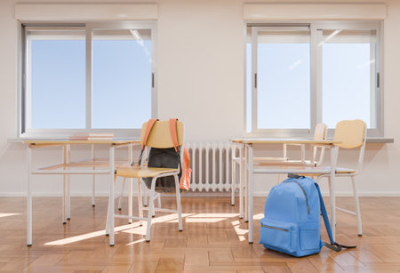 Close-up view of classroom desks with backpacks and books in a bright indoor setting with large windows allowing natural light. Educational concept. 3d renderingの写真素材