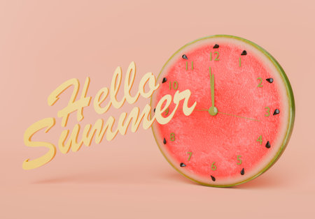 Watermelon clock with Hello Summer text against a red isolated background. Summer and time concept....