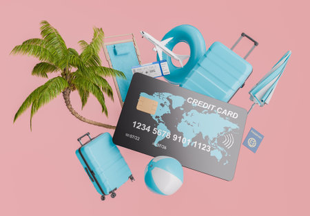 Travel essentials including a credit card, blue luggage, beach ball, palm tree, plane ticket, and passport arranged on a pink background. Concept of summer vacation and travel. 3d renderingの写真素材