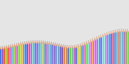 A row of colorful pencils with variety of vibrant colors neatly arranged in a wavy line against a clean white background. Concept of art, creativity, and education. 3d renderingの写真素材