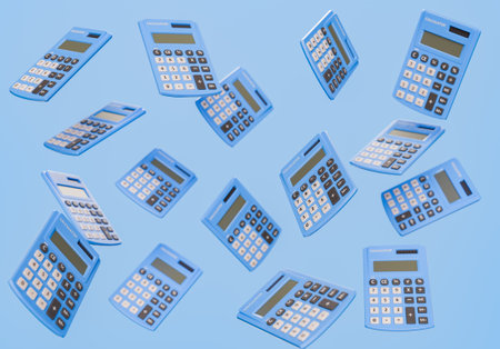 Multiple blue calculators floating against a blue background. Concept of mathematics and calculations. 3d renderingの写真素材