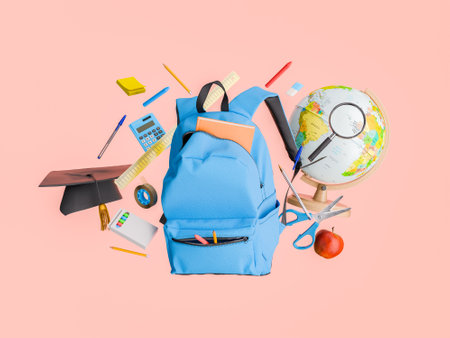 A blue backpack surrounded by floating school supplies including a globe, graduation cap, calculator and stationery items, on a red background. Concept of education and back to school. 3d renderingの写真素材