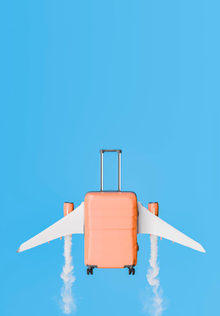 3D rendering of an orange suitcase with airplane wings flying in the sky with vapor trails, set against a blue background. Travel and adventure concept.の写真素材