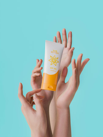 Several hands showing a sunscreen tube with SPF 50 against a blue background. Concept of skincare...