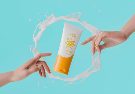 Two hands showing a sunscreen tube with a splash of lotion creating a circle around it on a blue...