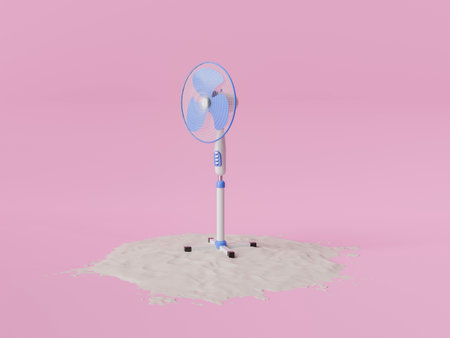 3D rendering of an electric fan on a pile of beach sand with pink studio background. Summer cooling concept.の写真素材