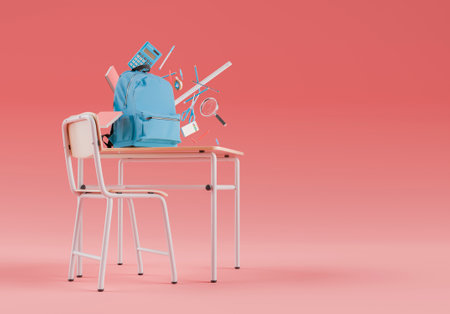 Blue backpack with floating school supplies on a desk against a red background. Education and school preparation concept. 3d renderingの写真素材