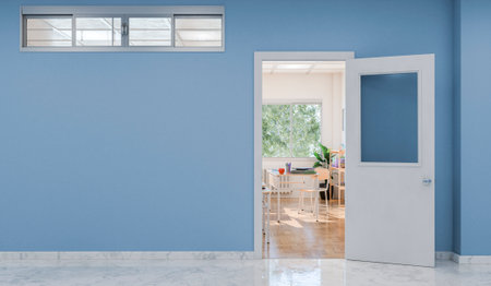 View through an open doorway into a classroom with desks, chairs, and a window allowing natural light. Hallway with a blue wall and copy space. Education and learning environment. 3d renderingの写真素材