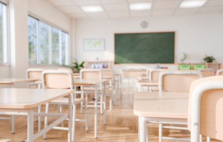 Empty classroom background with rows of desks and chairs facing a chalkboard, with bright natural light coming through large windows. Education and learning environment. 3d renderingの写真素材