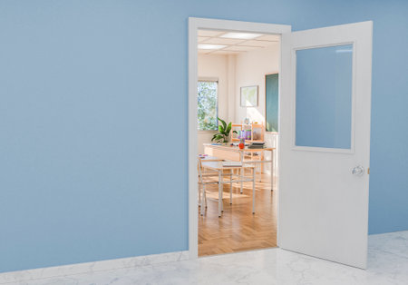 View through an open doorway into a bright classroom with desks, chairs, and a chalkboard, featuring large windows letting in natural light. Education and learning environment. 3d renderingの写真素材