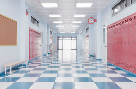 A clean, well-lit school hallway featuring rows of red lockers, checkered blue and white floor tiles, and a clock on the wall. Indoor education setting. Back to school concept. 3d renderingの写真素材