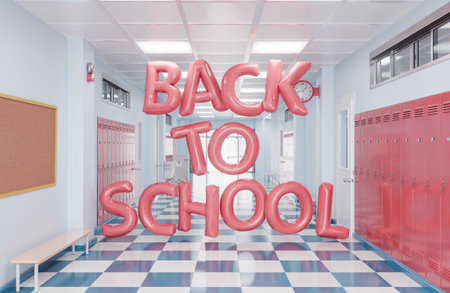 A bright school hallway with red lockers and checkered floor, featuring large red balloons spelling...