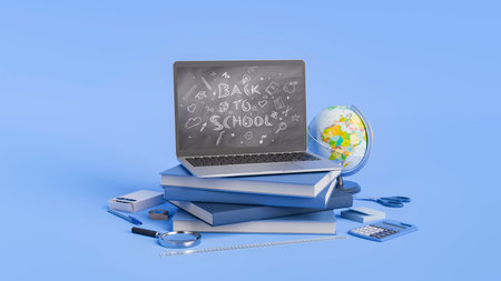 Laptop on top of stacked books with school supplies and a "Back to School" message on its screen, against a blue background. Concept of education and school preparation. 3d rendering.の写真素材