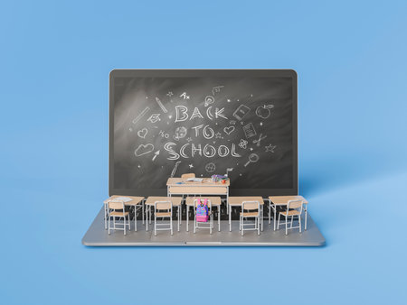 A laptop displaying a "Back to School" message on its screen with miniature classroom desks and chairs on its keyboard on a blue background. Concept of digital education and e-learning. 3d rendering.の写真素材