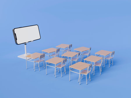 Classroom setup featuring a smartphone screen on a stand, with multiple desks and chairs arranged, against a blue background. Concept of online education and virtual learning. 3d renderingの写真素材