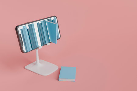 Blue books arranged on a smartphone screen mounted on a white stand, with one book laying beside, against a red background. Concept of digital library and e-learning. 3d renderingの写真素材