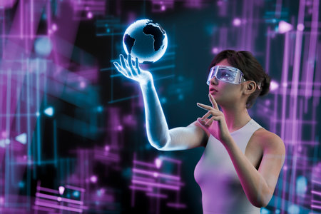 A woman wearing augmented reality glasses interacts with a holographic globe in a digital environment indoors. Concept of future technology and innovation. 3d renderingの写真素材