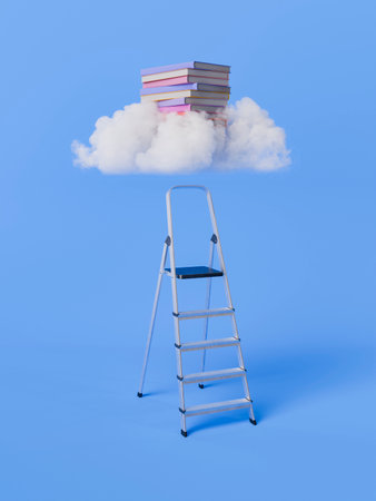 Stack of books resting on a cloud with a ladder beneath, set against a blue background. Concept of knowledge and imagination. 3d renderingの写真素材