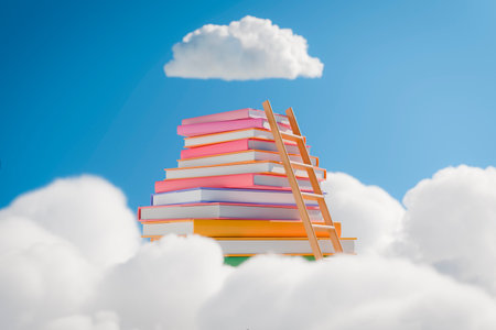 Stack of colorful books with a ladder reaching up to them, surrounded by clouds against a blue sky. Concept of knowledge and aspiration. 3d renderingの写真素材