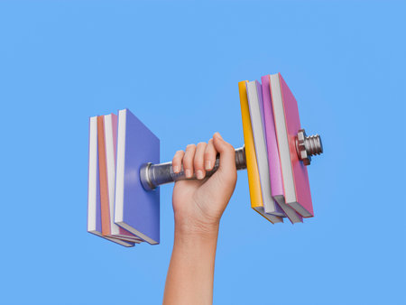 Hand lifting a dumbbell made of colorful books against a blue background. Concept of knowledge and strength. 3d renderingの写真素材