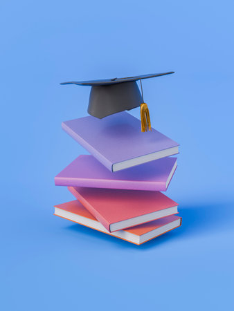 Graduation cap placed on top of a stack of colorful books against a blue background. Education and academic achievement concept. 3d renderingの写真素材