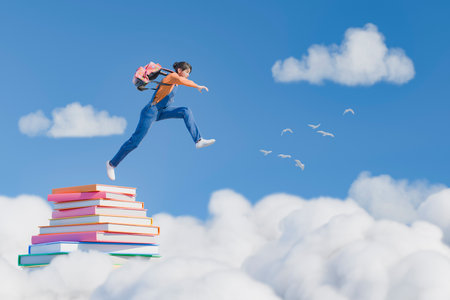 A young girl wearing a backpack and casual clothes jumps from a stack of colorful books into a sky...