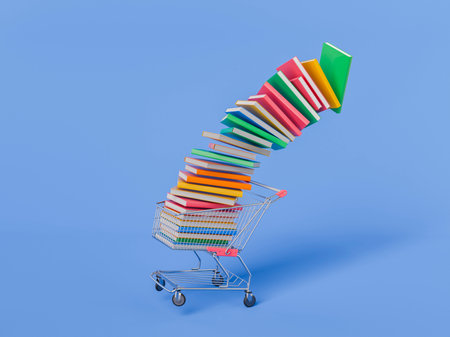 Shopping cart filled with a pile of colorful books, forming a falling tower, on blue background. Concept of education and learning. 3d rendering.の写真素材