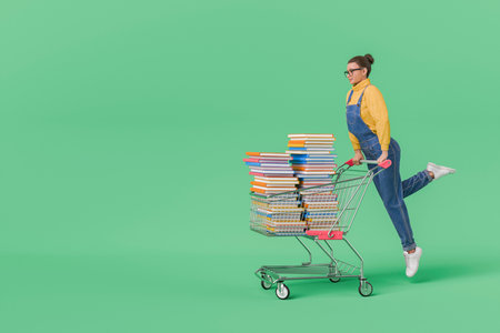 Woman in yellow sweater and blue overalls pushing a shopping cart filled with stacked books on a...