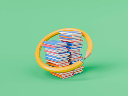 Giant yellow pencil is encircling a tall stack of colorful books, symbolizing the concept of education and back to school. 3d renderingの写真素材