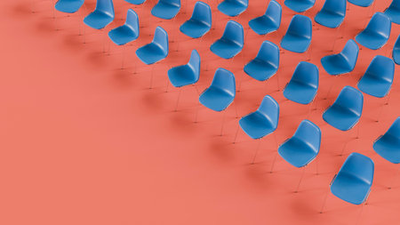 Numerous empty blue chairs arranged in rows forming a diagonal line on a red background. 3d renderingの写真素材