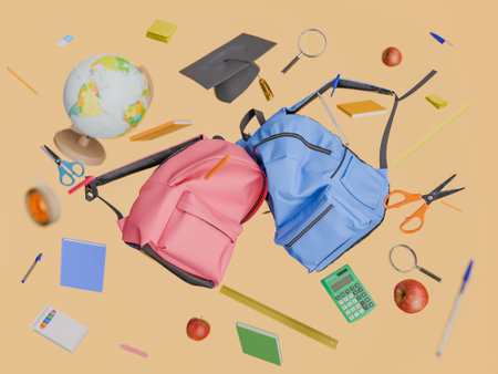 Back to school concept with two school bags floating surrounded by school supplies on a yellow background. 3d renderingの写真素材