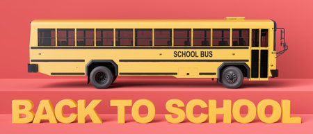 Yellow school bus standing in front of large yellow back to school text on red background. 3d...