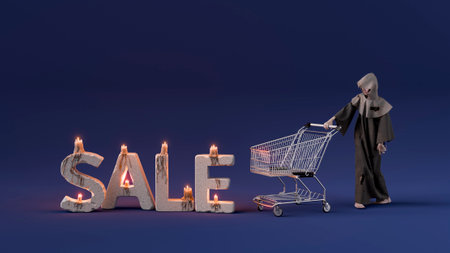 Scary death pushing an empty shopping cart next to a big halloween sale sign made of candles and dripping wax. 3d renderingの写真素材