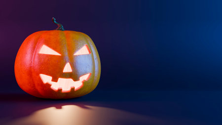 Carved halloween pumpkin glowing in neon lights, casting an eerie glow against a dark background with copy space. 3d renderingの写真素材