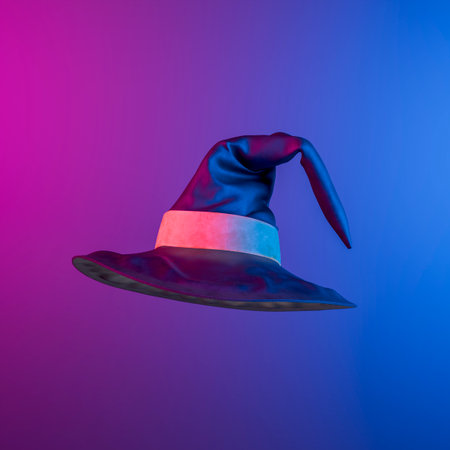 Witch hat floating on a gradient purple and blue background, creating a spooky and festive atmosphere. 3d renderingの写真素材