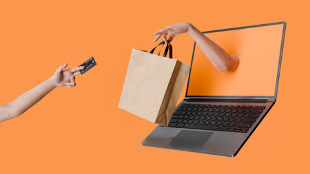 Online shopping with one hand giving a shopping bag through laptop screen and another one paying with credit card. 3d renderingの写真素材