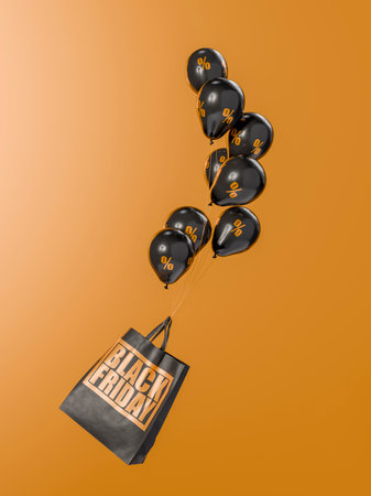 Black friday shopping bag lifted by balloons with percent symbol on orange background, concept of black friday sales and discounts. 3d renderingの写真素材