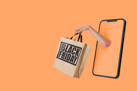 Woman hand coming out of a smartphone screen holding a shopping bag with black friday written on it. 3d renderingの写真素材