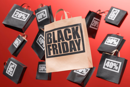 Shopping bags falling against a red background with discount offer for black friday. 3d renderingの写真素材
