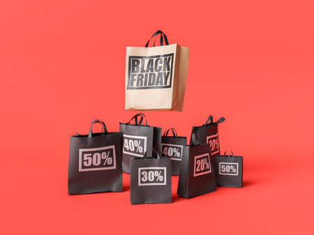 Black shopping bags with different discount percentages on red background, for black friday advertising. 3d renderingの写真素材