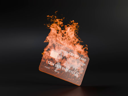 Credit card wrapped in bright orange flames on dark background. 3d rendering.の写真素材