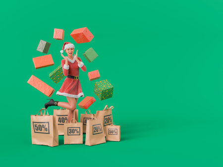 Excited Christmas shopper surprised by falling gift boxes and shopping bags, enjoying holiday discounts and promotions. 3d renderingの写真素材