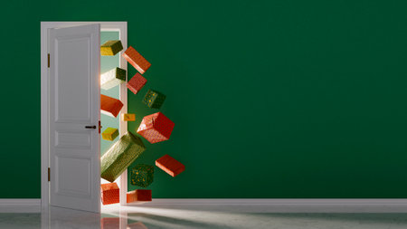 Many Christmas presents floating out an open door with a green wall in the background. 3d renderingの写真素材