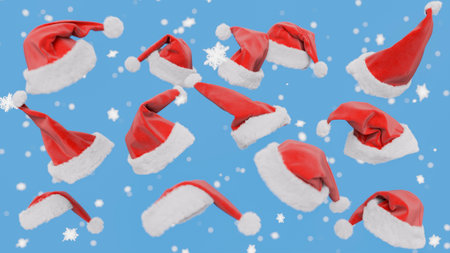 Shower of santa claus hats is falling down on a blue background with snowflakes for a merry christmas concept. 3d renderingの写真素材