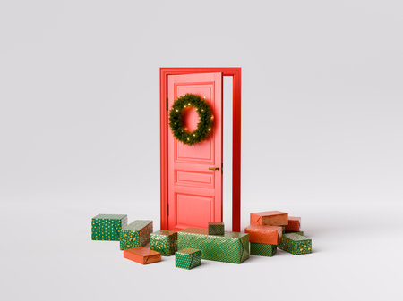 Red door is standing slightly open with a Christmas wreath on it and many gift boxes in green and red wrapping paper in front of it. 3d renderingの写真素材