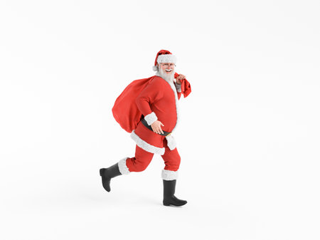 Santa Claus running merrily with sack full of presents on white isolated background. 3d renderingの写真素材