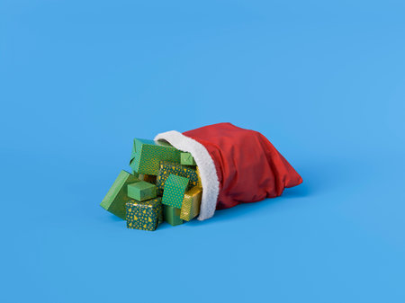 Santa Claus bag overturned and opened with gifts falling on blue isolated background. 3d renderingの写真素材