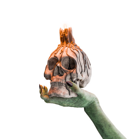 Zombie hand holding melting skull candle for halloween decoration. Transparent background. 3d renderingの写真素材