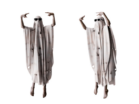 Spooky halloween ghost wearing sunglasses posing with rock gesture. Transparent background. 3d renderingの写真素材